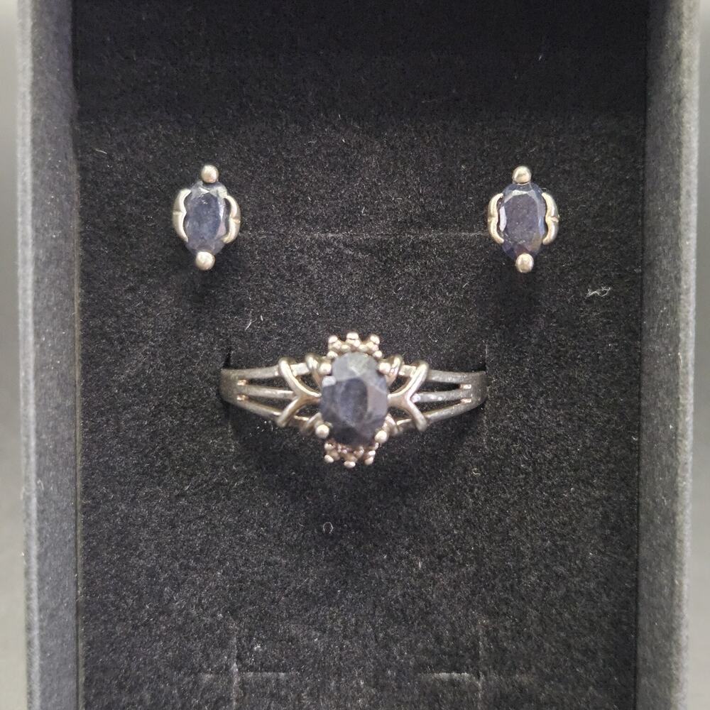 Vintage 925 Sterling Silver Sapphire Color Ring & Stud Earrings Set Size 9...